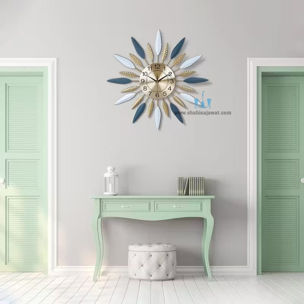Gold, Blue And White Mid-Century Modern Handcrafted Quartz Metal (Iron) Wall Clock With Single Face Form And Needle Display, available exclusively on Shahi Sajawat India, the world of home decor products.Best trendy home decor, office decor, restaurant decor, living room, kitchen and bathroom decor ideas of 2025.