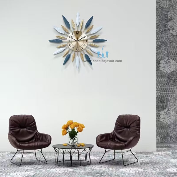 Gold, Blue And White Mid-Century Modern Handcrafted Quartz Metal (Iron) Wall Clock With Single Face Form And Needle Display, available exclusively on Shahi Sajawat India, the world of home decor products.Best trendy home decor, office decor, restaurant decor, living room, kitchen and bathroom decor ideas of 2025.