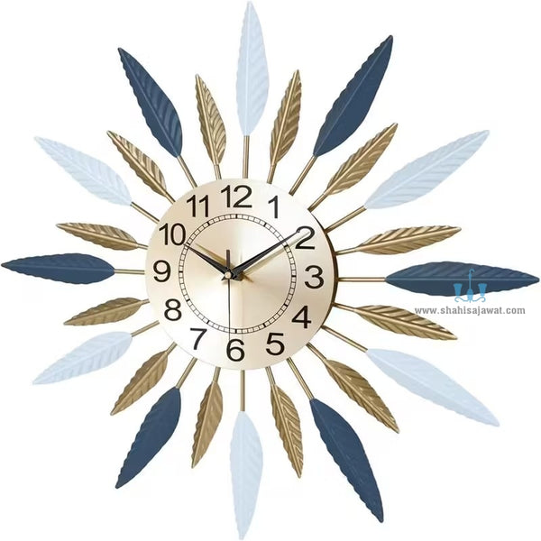 Gold, Blue And White Mid-Century Modern Handcrafted Quartz Metal (Iron) Wall Clock With Single Face Form And Needle Display, available exclusively on Shahi Sajawat India, the world of home decor products.Best trendy home decor, office decor, restaurant decor, living room, kitchen and bathroom decor ideas of 2025.