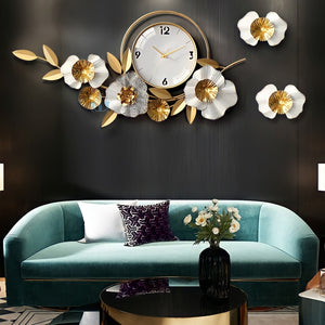 Blue Gold/White Gold Floral And Leaves Handcrafted Quartz Metal (Wrought Iron) Wall Clock Is Asymmetrical And Horizontal With Single Face Form And Needle Display, available exclusively on Shahi Sajawat India, the world of home decor products.Best trendy home decor, office decor, restaurant decor, living room, kitchen and bathroom decor ideas of 2022.