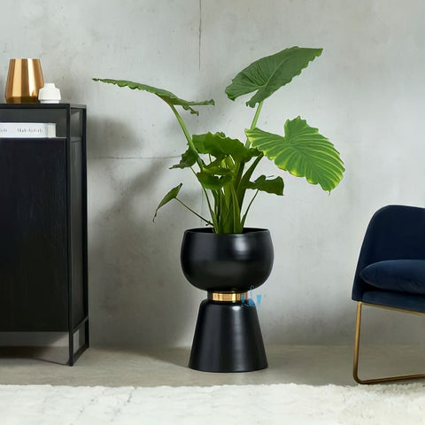 Black Totem Handcrafted Steel (Metal) Floor Indoor Planter With Golden Band Available Exclusively On Shahi Sajawat India, the world of home decor products. Best trendy home decor, office decor, restaurant decor living room, kitchen and bathroom decor ideas of 2022.