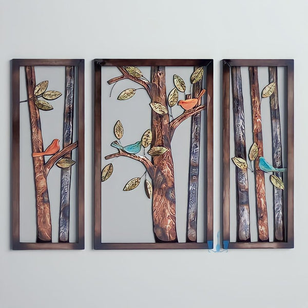 Brown And Grey 3 Piece Handcrafted Tree Metal Wall Hanging With Orange And Green Birds Perched On Branches, Available Exclusively At Shahi Sajawat India, the world of home decor products.Best trendy home decor, office decor, restaurant decor, living room, kitchen and bathroom decor ideas of 2023.