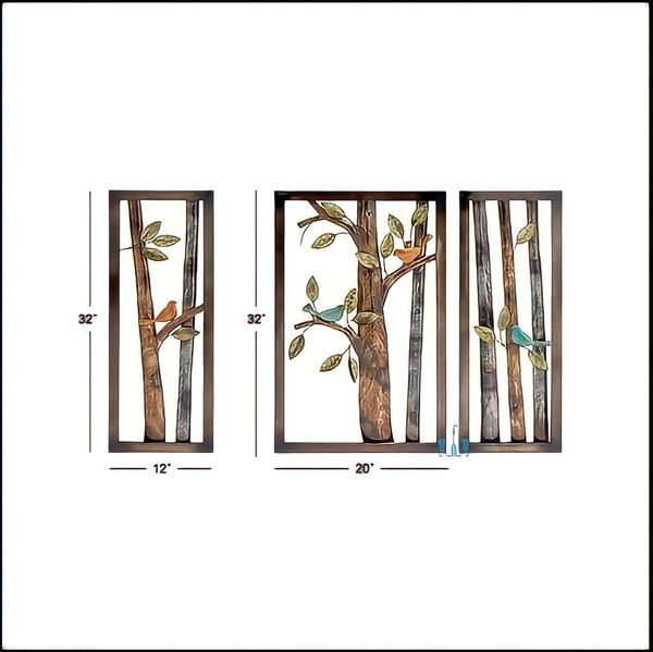 Brown And Grey 3 Piece Handcrafted Tree Metal Wall Hanging With Orange And Green Birds Perched On Branches, Available Exclusively At Shahi Sajawat India, the world of home decor products.Best trendy home decor, office decor, restaurant decor, living room, kitchen and bathroom decor ideas of 2023.