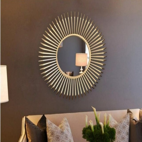 Large Golden Sunburst Wrought Iron Wall Mirror Of Appearance Size 80x80cm And Mirror Size 9cm Is Waterproof, Corrosion resistant and Scratch resistant, available exclusively on Shahi Sajawat India, the world of home decor products.Best trendy home decor, living room and kitchen decor ideas of 2019.