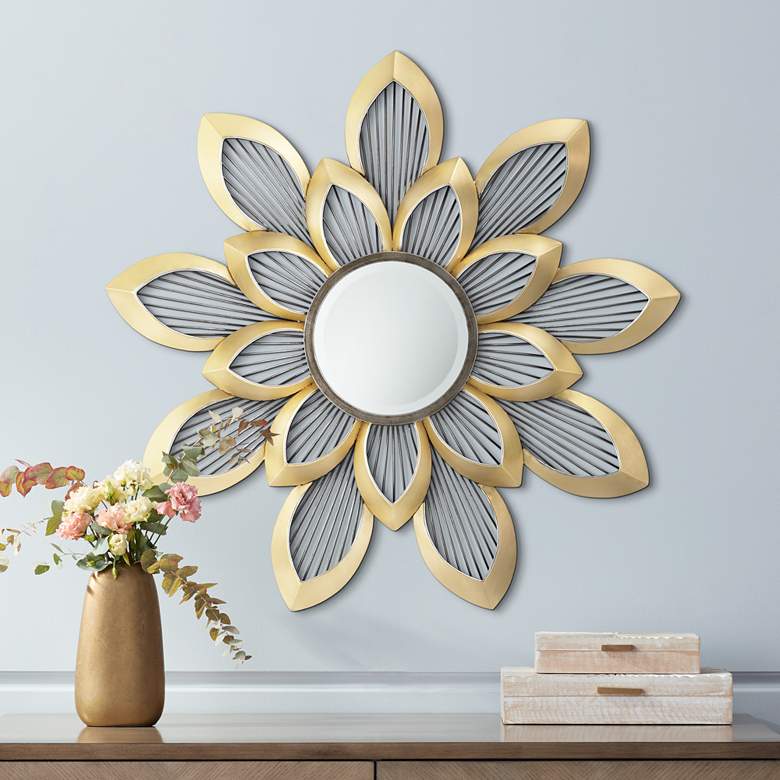 Large Gold And Black Round Floral MetalnFloral Mirror Of Size 36"× 36"(inch) Are Waterproof, Scratch Resistant And Corrosion Resistant, available exclusively on Shahi Sajawat India, the world of home decor products.Best trendy home decor, living room, kitchen and bathroom decor ideas of 2020.