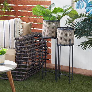 Black And Gold Perforated Iron (Metal) Floor 2 Piece Planters, Available exclusively on Shahi Sajawat India, the world of home decor products. Best trendy home decor, living room, kitchen and bathroom decor ideas of 2021.