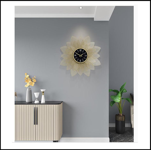 Golden Sunflower Wrought Iron Quartz Wall Clock Has A Needle Display Type, Single Face Form, Size Of 70×20×7cm, Operated By 1×AA Battery, available exclusively on Shahi Sajawat India, the world of home decor products. Best trendy home decor, living room, kitchen and bathroom decor ideas of 2020.