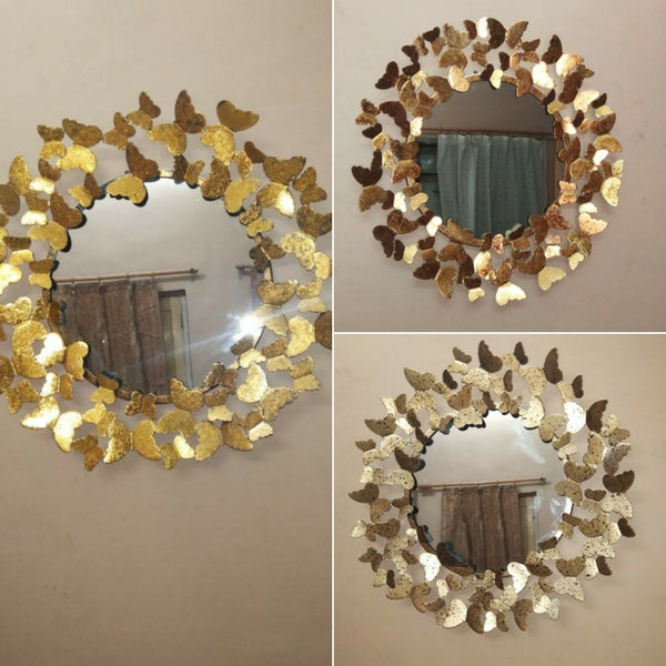 Large Golden Butterfly Round Metal Wall Mirror Of Size 30inch × 30inch waterproof, corrosion proof, scratch resistant, available exclusively on Shahi Sajawat India, the world of home decor products.Best trendy home decor, living room, kitchen and bathroom decor ideas of 2020.