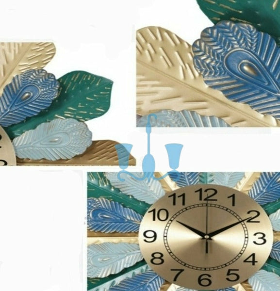 Peacock Blue/Green And Gold Circular Nordic Leaves Quartz Metal (Wrought Iron) Wall Clock Of Size 60×60cm, With Single Face Form And Needle Display, available exclusively on Shahi Sajawat India, the world of home decor products.Best trendy home decor, living room, kitchen and bathroom decor ideas of 2022.