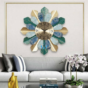 Peacock Blue/Green And Gold Circular Nordic Leaves Quartz Metal (Wrought Iron) Wall Clock Of Size 60×60cm, With Single Face Form And Needle Display, available exclusively on Shahi Sajawat India, the world of home decor products.Best trendy home decor, living room, kitchen and bathroom decor ideas of 2022.