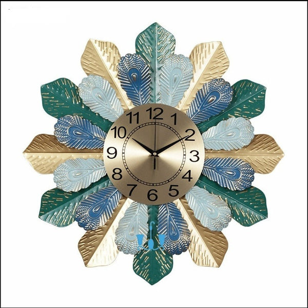 Peacock Blue/Green And Gold Circular Nordic Leaves Quartz Metal (Wrought Iron) Wall Clock Of Size 60×60cm, With Single Face Form And Needle Display, available exclusively on Shahi Sajawat India, the world of home decor products.Best trendy home decor, living room, kitchen and bathroom decor ideas of 2022.