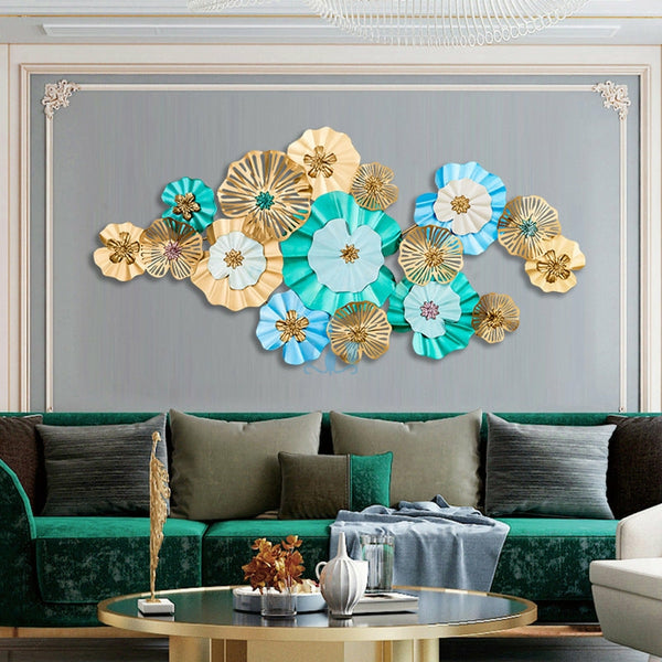 Blue, Green And Gold Lily Pads Handcrafted Metal Wall Hanging (Wall Decor) Of Size 148×72cm, Available Exclusively On Shahi Sajawat India, the world of home decor products.Best trendy home decor, office decor, restaurant, living room, kitchen and bathroom decor ideas of 2022.