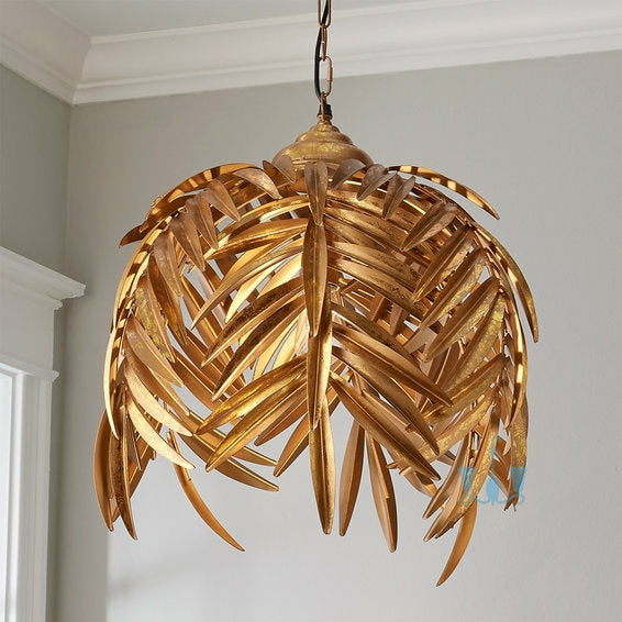 Gold Palm Leaves Handcrafted Metal (Iron) Pendant Lights With E27 Base Type And Chain Pendant Installation available exclusively on Shahi Sajawat India, the world of home decor products.Best trendy home decor, office decor, restaurant decor, living room, kitchen and bathroom decor ideas of 2022.