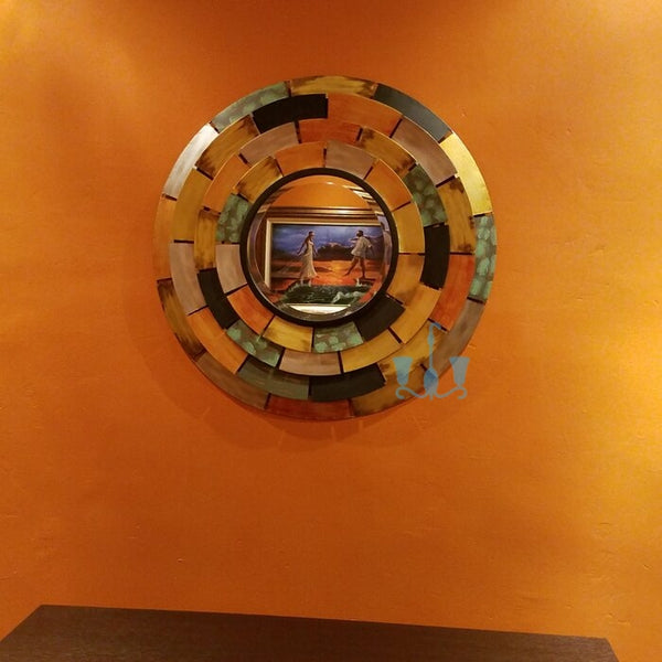 Yellow/Orange/Brown/Grey/Green/Black Handcrafted Round Metal (Iron) Wall Mirror Cum Functional Mosaic Wall Sculpture, Comes Ready To Hang, Available exclusively on Shahi Sajawat India, the world of home decor products.Best trendy home decor, office decor, restaurant decor, living room, kitchen and bathroom decor ideas of 2022.