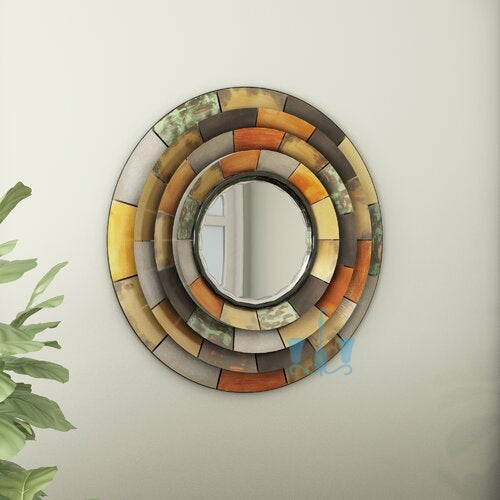 Yellow/Orange/Brown/Grey/Green/Black Handcrafted Round Metal (Iron) Wall Mirror Cum Functional Mosaic Wall Sculpture, Comes Ready To Hang, Available exclusively on Shahi Sajawat India, the world of home decor products.Best trendy home decor, office decor, restaurant decor, living room, kitchen and bathroom decor ideas of 2022.