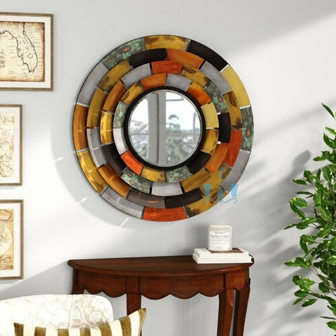 Yellow/Orange/Brown/Grey/Green/Black Handcrafted Round Metal (Iron) Wall Mirror Cum Functional Mosaic Wall Sculpture, Comes Ready To Hang, Available exclusively on Shahi Sajawat India, the world of home decor products.Best trendy home decor, office decor, restaurant decor, living room, kitchen and bathroom decor ideas of 2022.