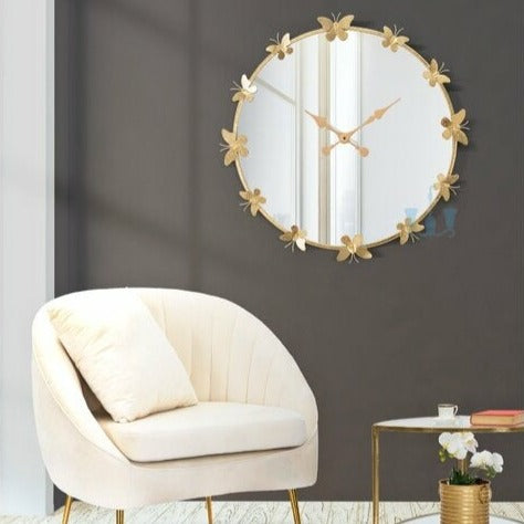 Large Gold Butterfly And Mirror Quartz Handcrafted Metal (Wrought Iron) Wall Clock Of Size 75×75cm, With Single Face Form And Needle Display, available exclusively on Shahi Sajawat India, the world of home decor products.Best trendy home decor, office decor, restaurant decor, living room, kitchen and bathroom decor ideas of 2022.