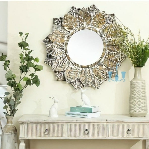 White And Brown Rustic Handcrafted Leaf Framed Round Metal (Iron) Wall Mirror, Comes Ready To Hang, Available exclusively on Shahi Sajawat India, the world of home decor products.Best trendy home decor, office decor, restaurant decor, living room, kitchen and bathroom decor ideas of 2022.