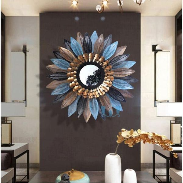 Blue And Gold Nordic Leaves Framed Metal Wall Mirrors Of Size 60/70/80cm, Are Waterproof, High Definition And Scratch Resistant, exclusively on Shahi Sajawat India, the world of home decor products. Best trendy home decor, living room, kitchen and bathroom decor ideas of 2022.