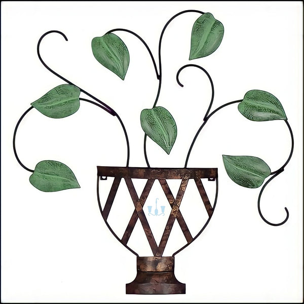 Green And Rustic Brown Basket Pot With Vines And Leaves Handcrafted Metal Wall Hanging (Wall Decor) Of Size 23×23inch, Available Exclusively At Shahi Sajawat India, the world of home decor products.Best trendy home decor, office decor, restaurant decor, living room, kitchen and bathroom decor ideas of 2022.