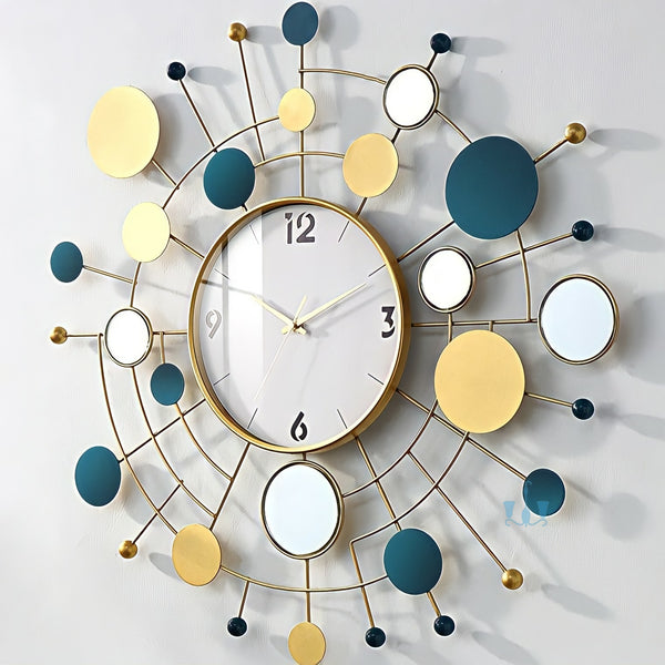 Blue And Gold Multidisc Geometric Handcrafted Quartz Metal (Wrought Iron) Wall Clock Of Size 67×78cm, With Single Face Form And Needle Display, available exclusively on Shahi Sajawat India, the world of home decor products.Best trendy home decor, office decor, restaurant decor, living room, kitchen and bathroom decor ideas of 2022.