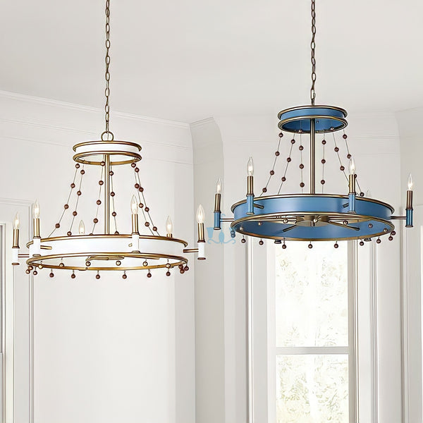 Blue/White 6 Light Beaded Steel Chandelier With Antique Brass Finish With Chain Pendant Installation, Candelabra Base Type, AC Power Source, 90-260V, available exclusively on Shahi Sajawat India, the world of home decor products.Best trendy home decor, living room, kitchen and bathroom decor ideas of 2022.