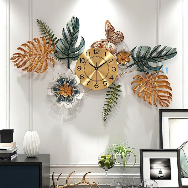 Green And Gold Monstera Leaves Handcrafted Quartz Metal (Iron) Wall Clock Is Asymmetrical With Single Face Form And Needle Display, available exclusively on Shahi Sajawat India, the world of home decor products.Best trendy home decor, office decor, restaurant decor, living room, kitchen and bathroom decor ideas of 2022.