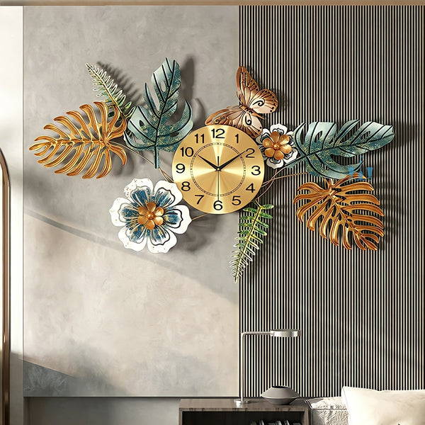 Green And Gold Monstera Leaves Handcrafted Quartz Metal (Iron) Wall Clock Is Asymmetrical With Single Face Form And Needle Display, available exclusively on Shahi Sajawat India, the world of home decor products.Best trendy home decor, office decor, restaurant decor, living room, kitchen and bathroom decor ideas of 2022.