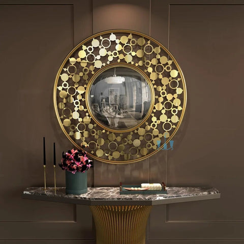 Large Gold Luxurious Circle Design Metal Wall Mirror Of Size 100×100cm Is Waterproof, Scratch Resistant And Corrosion Resistant, available exclusively on Shahi Sajawat India, the world of home decor products.Best trendy home decor, living room, kitchen and bathroom decor ideas of 2022.