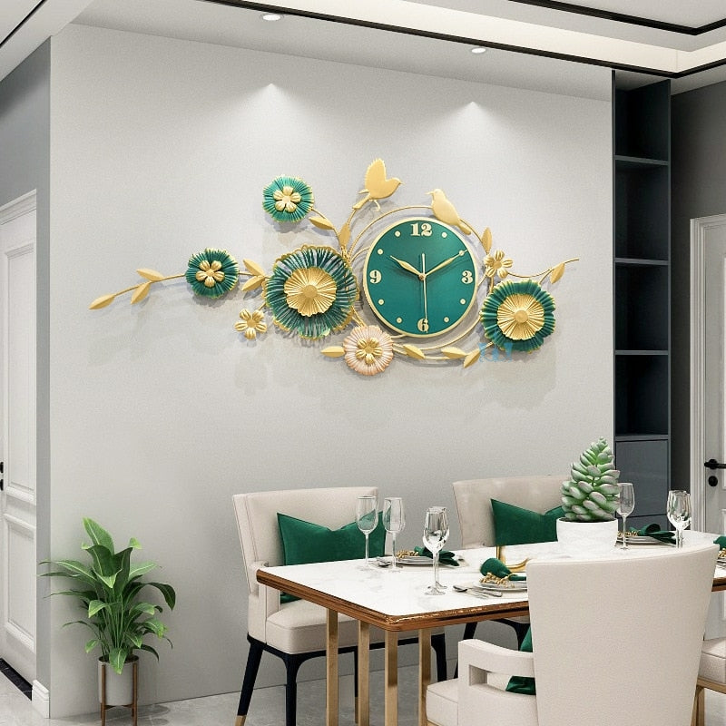 Green And Gold Flower And Birds Handcrafted Quartz Metal Wall Clock Is Asymmetrical And Horizontal With Single Face Form And Needle Display, available exclusively on Shahi Sajawat India, the world of home decor products.Best trendy home decor, office decor, restaurant decor, living room, kitchen and bathroom decor ideas of 2023.