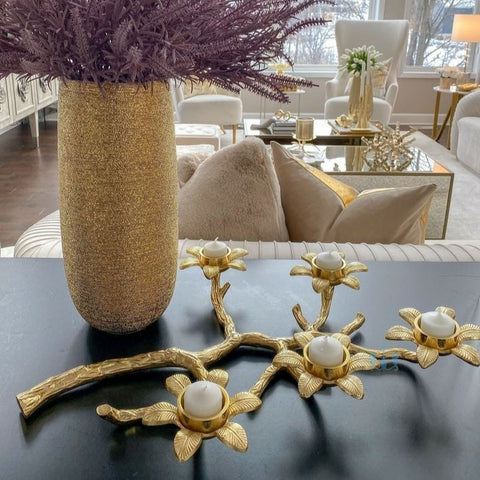 Gold Floral Sprig (Branch) Handcrafted Metal 5 Tealight Candle Holder Cum Sculpture (Figurine), Available exclusively on Shahi Sajawat India, the world of home decor products. Best trendy home decor, office decor, living room, kitchen and bathroom decor ideas of 2023.