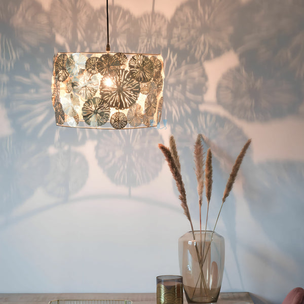 Gold Handcrafted Etched Lotus Leaves Metal Drum Pendant Light With E27 Base Type, AC Power Source and Voltage Of 90-260V, available exclusively on Shahi Sajawat India,the world of home decor products.Best trendy home decor, office, restaurant, living room and kitchen decor ideas of 2023.