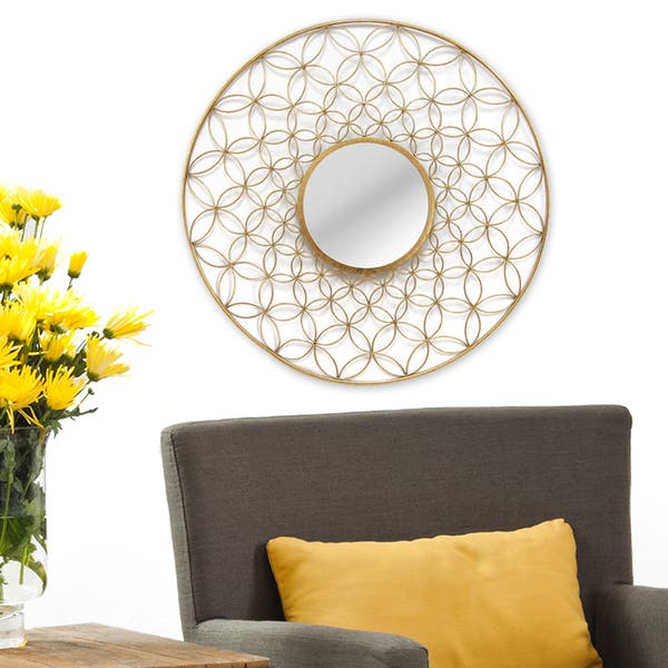 Large Gold Round Filigree Metal Wall Mirror Of Size 33"× 33"(inch) Is Waterproof, Scratch Resistant And Corrosion Resistant, available exclusively on Shahi Sajawat India, the world of home decor products.Best trendy home decor, living room, kitchen and bathroom decor ideas of 2021.
