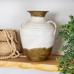 Off-White And Brown Double Handle Metal Tabletop Vase In Size 12.25×10×8.5 inch available exclusively on Shahi Sajawat India, the world of home decor products.Best trendy home decor, living room, kitchen and bathroom decor ideas of 2022.
