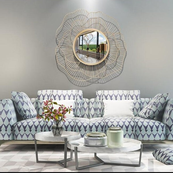 Large Golden 3D Flower Patterned Wrought Iron Wall Mirror Of  Appearance Size of 85×85cm and Mirror Size of 4.5×4.5cm.. Mirror is waterproof, corrosion resistant and scratch resistant, available exclusively on Shahi Sajawat India, the world of home decor products.Best trendy home decor, living room and kitchen decor ideas of 2019.