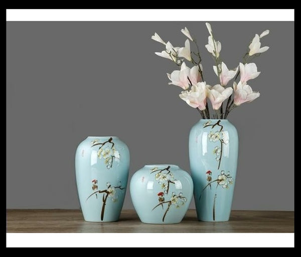 Pastel Blue Hand Painted Tabletop Ceramic Vases Of Sizes Large (35×16×9cm), Medium (28×17.5×9.5cm), Small (20×22×10cm), available exclusively on Shahi Sajawat India, the world of home decor products.Best trendy home decor, living room and kitchen decor ideas of 2019.