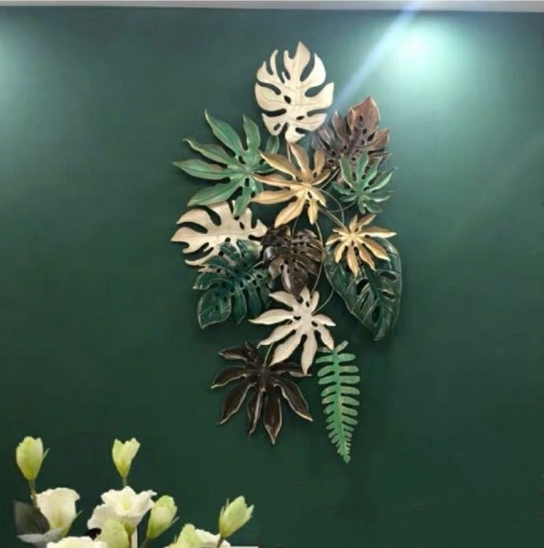Green, White And Gold Monstera Leaves Metal Wall Hanging Of Size 136×78cm, available exclusively on Shahi Sajawat India, the world of home decor products.Best trendy home decor, living room, kitchen and bathroom decor ideas of 2021.