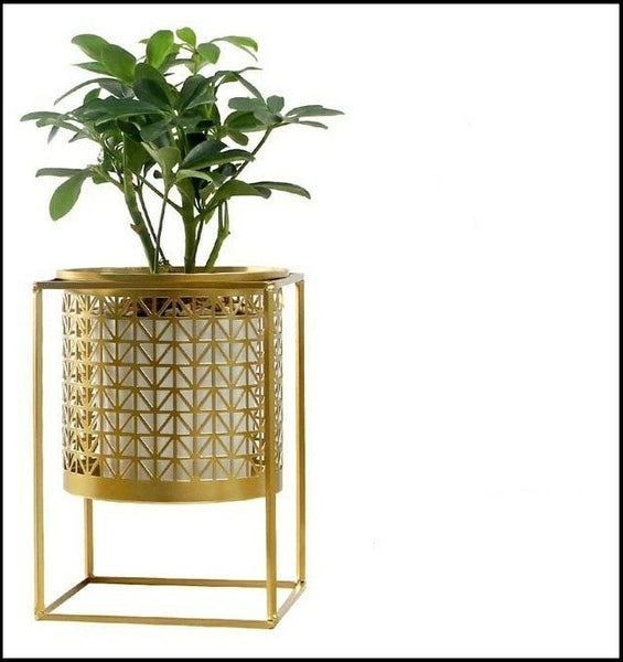 Gold And Black Lattice Pattern Metal Table Top Vases (Planters), In Small And Large Sizes, available exclusively on Shahi Sajawat India, the world of home decor products. Best trendy home decor, living room, kitchen and bathroom decor ideas of 2021.