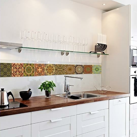 DIY Orange Mandala Patterned Self Adhesive PVC Wall Tile Stickers Are Eco-friendly, Smooth surfaced, waterproof, formaldehyde-free, removable, available exclusively on Shahi Sajawat India, the world of home decor products. Best trendy home decor, living room, kitchen and bathroom decor ideas of 2020.