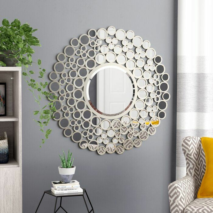 Large Silver Multimirror Metal Round Wall Mirrors Of Size 42"H x 42"W, Are Waterproof, Corrosion Proof, Scratch Resistant, Arrives Ready To Hang, available exclusively on Shahi Sajawat India, the world of home decor products.Best trendy home decor, living room, kitchen and bathroom decor ideas of 2021.