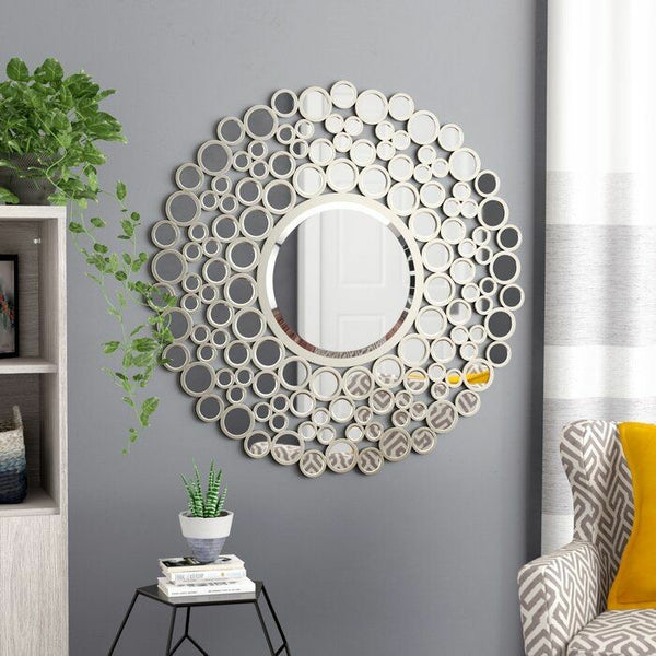 Large Silver Multimirror Metal Round Wall Mirrors Of Size 42"H x 42"W, Are Waterproof, Corrosion Proof, Scratch Resistant, Arrives Ready To Hang, available exclusively on Shahi Sajawat India, the world of home decor products.Best trendy home decor, living room, kitchen and bathroom decor ideas of 2021.