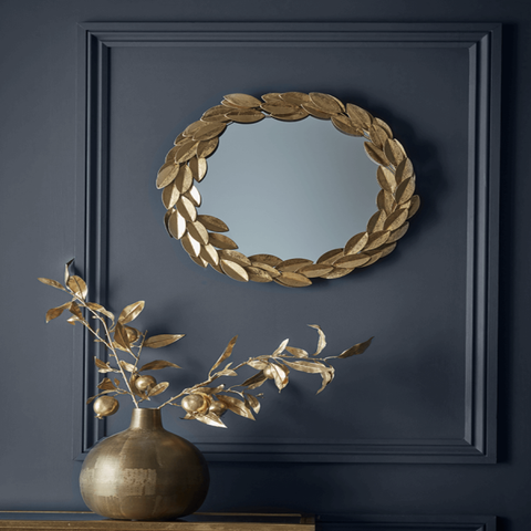 Large Gold Laurel Leaves Framed Metal Wall Mirror Are Waterproof, High Definition And Scratch Resistant, exclusively on Shahi Sajawat India, the world of home decor products. Best trendy home decor, living room, kitchen and bathroom decor ideas of 2021.