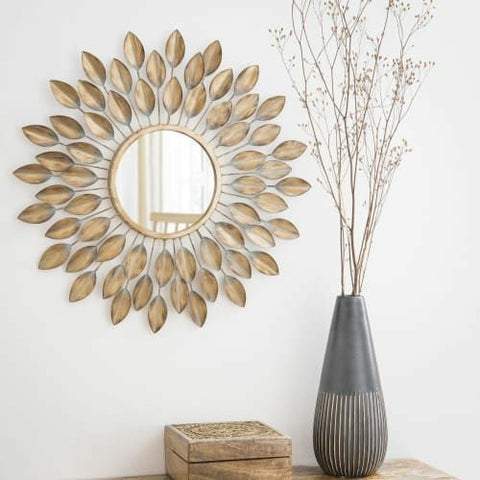 Large Gold Round Floral Wall Mirror In Distressed Finish, Of Size 34"× 34"(inch) Is Waterproof, Scratch Resistant And Corrosion Resistant, available exclusively on Shahi Sajawat India, the world of home decor products.Best trendy home decor, living room, kitchen and bathroom decor ideas of 2021.