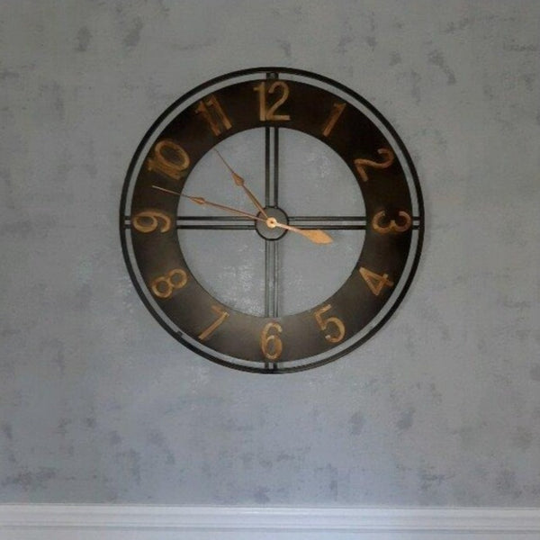 Brown And Gold Circular Quartz Metal Wall Clock Of Size 30"×30"(inch), With Needle Display And Single Face Form, available exclusively on Shahi Sajawat India, the world of home decor products.Best trendy home decor, living room, kitchen and bathroom decor ideas of 2021.