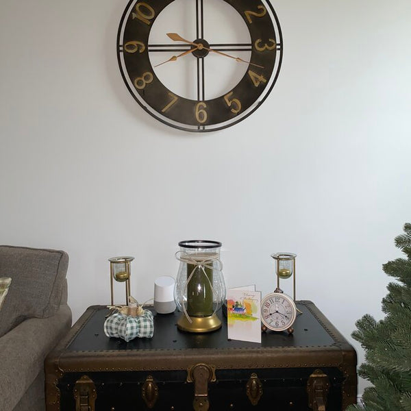 Brown And Gold Circular Quartz Metal Wall Clock Of Size 30"×30"(inch), With Needle Display And Single Face Form, available exclusively on Shahi Sajawat India, the world of home decor products.Best trendy home decor, living room, kitchen and bathroom decor ideas of 2021.