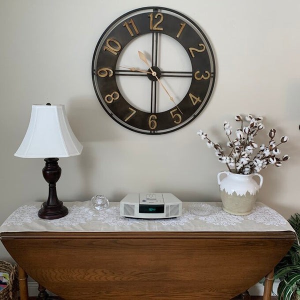 Brown And Gold Circular Quartz Metal Wall Clock Of Size 30"×30"(inch), With Needle Display And Single Face Form, available exclusively on Shahi Sajawat India, the world of home decor products.Best trendy home decor, living room, kitchen and bathroom decor ideas of 2021.