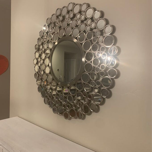 Large Silver Multimirror Metal Round Wall Mirrors Of Size 42"H x 42"W, Are Waterproof, Corrosion Proof, Scratch Resistant, Arrives Ready To Hang, available exclusively on Shahi Sajawat India, the world of home decor products.Best trendy home decor, living room, kitchen and bathroom decor ideas of 2021.