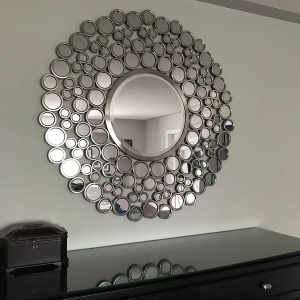 Large Silver Multimirror Metal Round Wall Mirrors Of Size 42"H x 42"W, Are Waterproof, Corrosion Proof, Scratch Resistant, Arrives Ready To Hang, available exclusively on Shahi Sajawat India, the world of home decor products.Best trendy home decor, living room, kitchen and bathroom decor ideas of 2021.