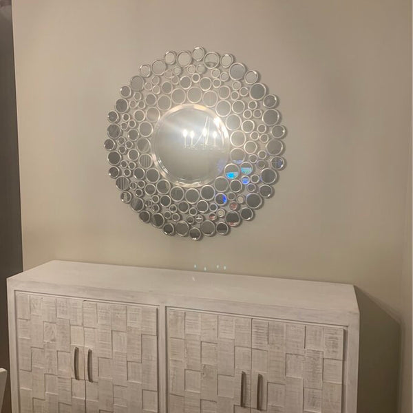 Large Silver Multimirror Metal Round Wall Mirrors Of Size 42"H x 42"W, Are Waterproof, Corrosion Proof, Scratch Resistant, Arrives Ready To Hang, available exclusively on Shahi Sajawat India, the world of home decor products.Best trendy home decor, living room, kitchen and bathroom decor ideas of 2021.