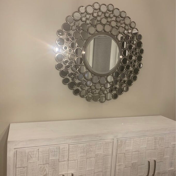 Large Silver Multimirror Metal Round Wall Mirrors Of Size 42"H x 42"W, Are Waterproof, Corrosion Proof, Scratch Resistant, Arrives Ready To Hang, available exclusively on Shahi Sajawat India, the world of home decor products.Best trendy home decor, living room, kitchen and bathroom decor ideas of 2021.